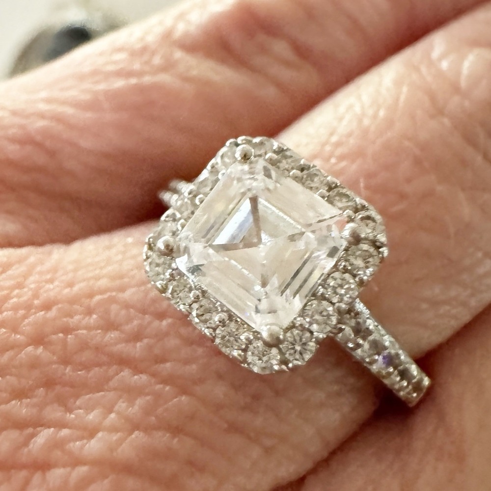 925 Silver Bridal Ring Asscher Cut Moissanite Size 7